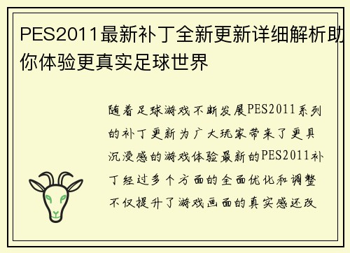 PES2011最新补丁全新更新详细解析助你体验更真实足球世界
