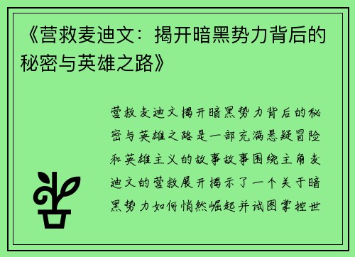 《营救麦迪文：揭开暗黑势力背后的秘密与英雄之路》